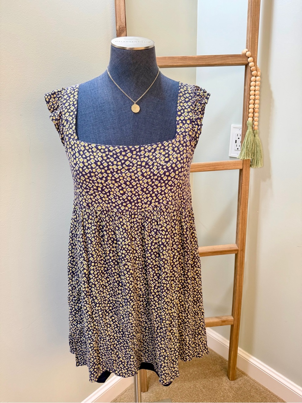 Altar’d State Blue Yellow Floral Square Neckline Babydoll Mini Dress Size Medium